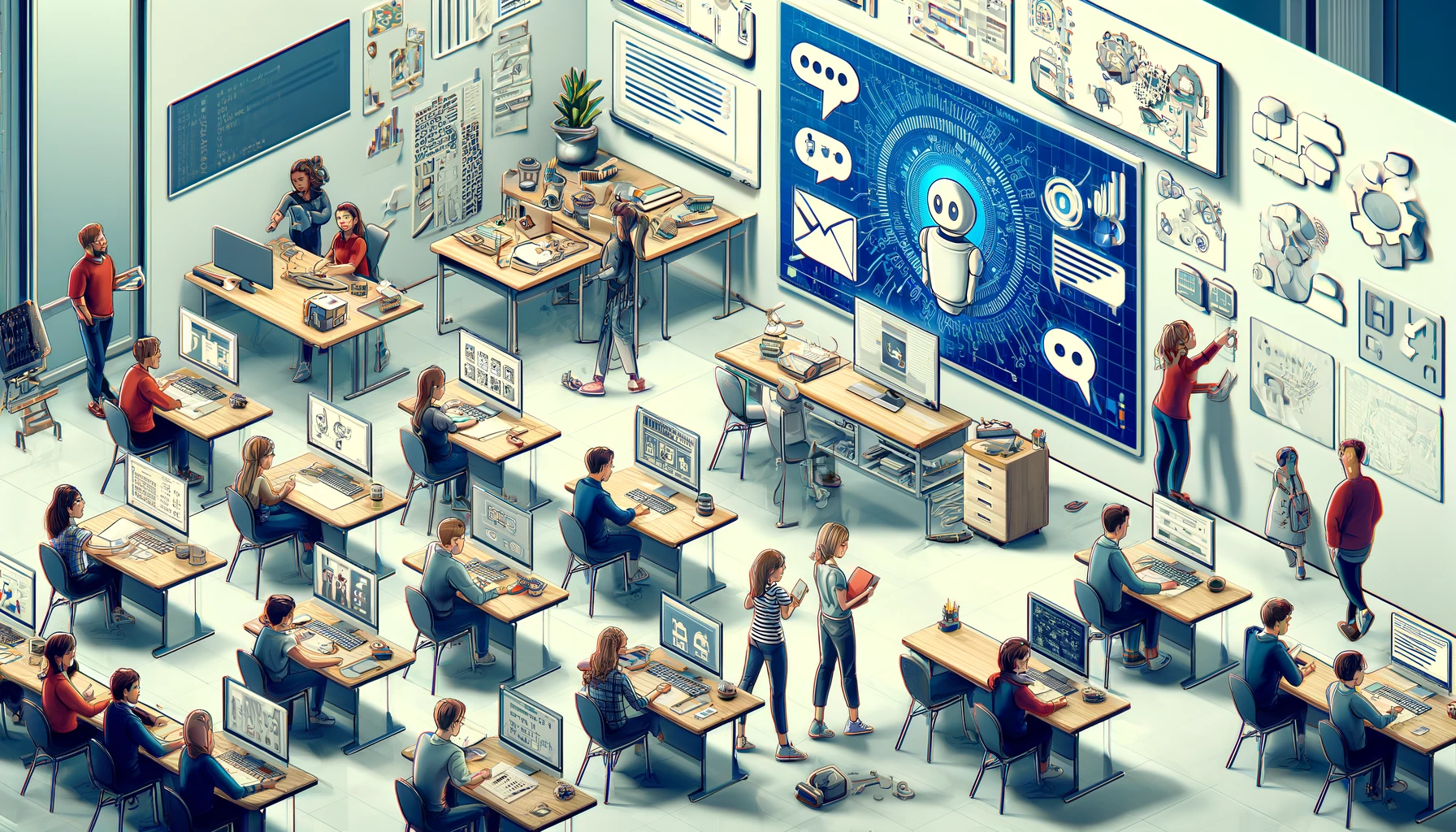 AI-generated illustration of a classroom full of students performing different AI-related tasks 