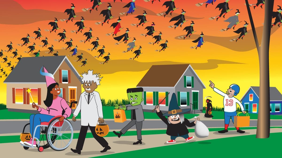 Kids in various Halloween costumes walk on a street as numerous witches fly above in an orange sunset sky.