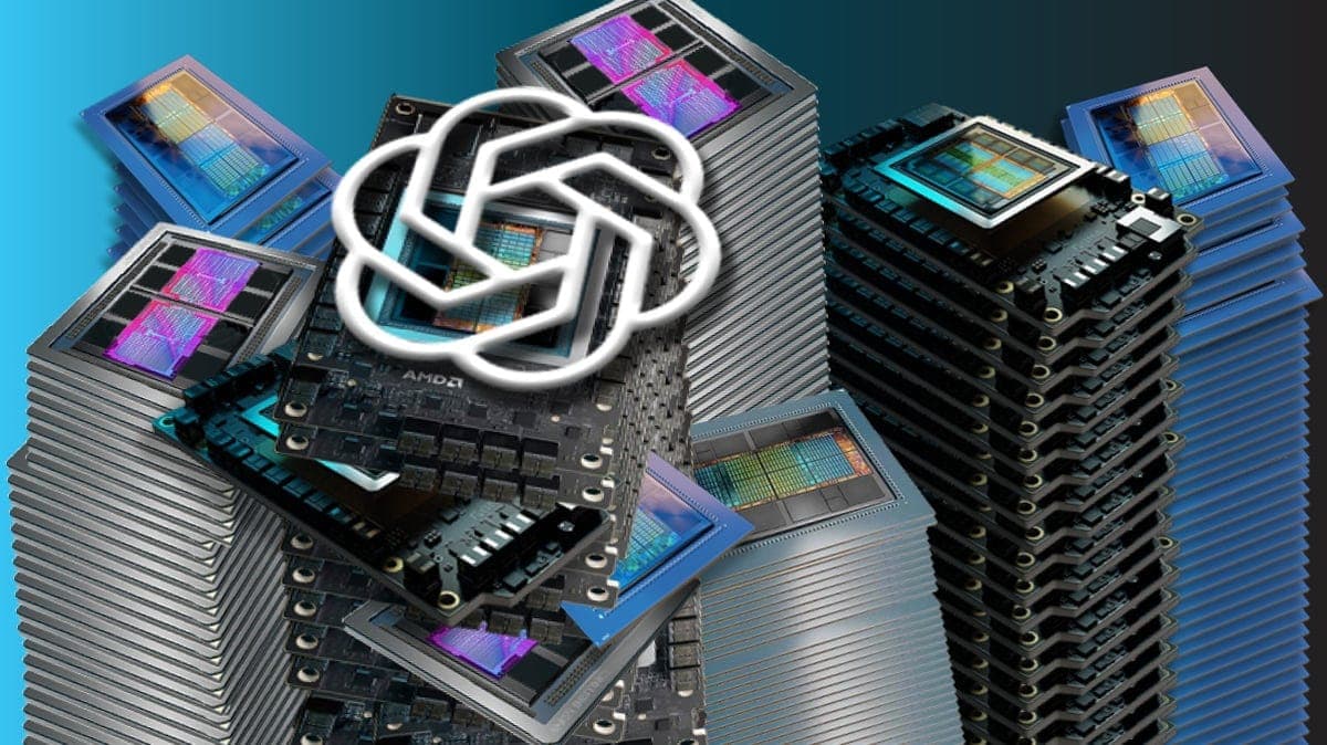 Stacks of AMD GPUs with OpenAI logo above, illustrating their strategic partnership in processing power.