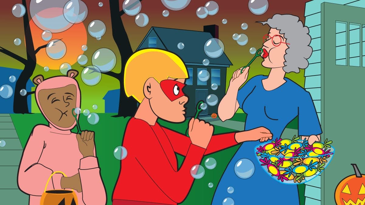 Characters dressed for Halloween blowing bubbles, hinting at the AI industry's speculative bubble.