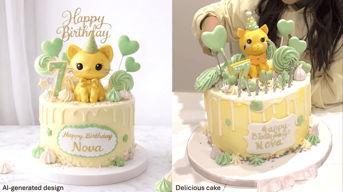 Two images show an AI-generated cake design and its baked version, both featuring a yellow cat theme.