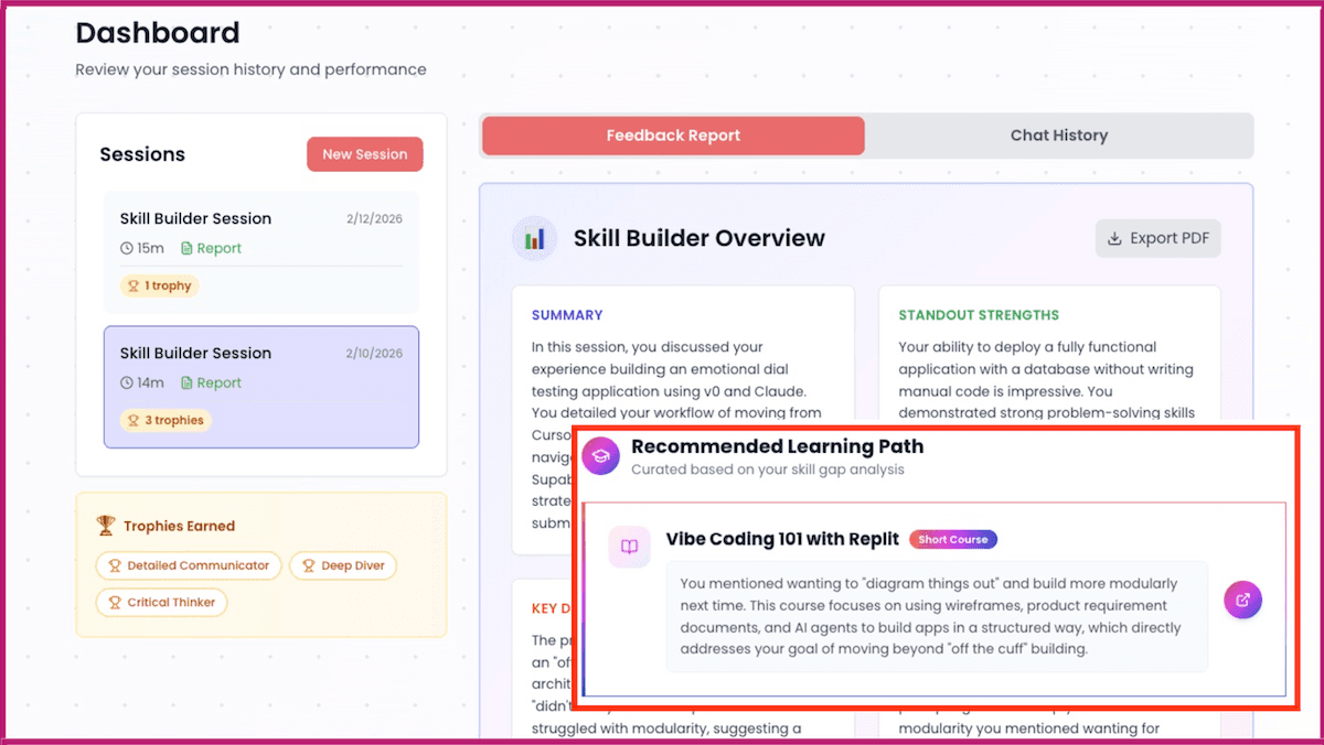Screen displays past Skill Builder sessions, feedback report, and a recommended course.