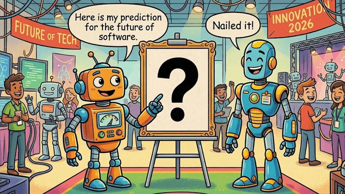 Two cheerful robots discuss software predictions beside a large question mark at a tech expo.