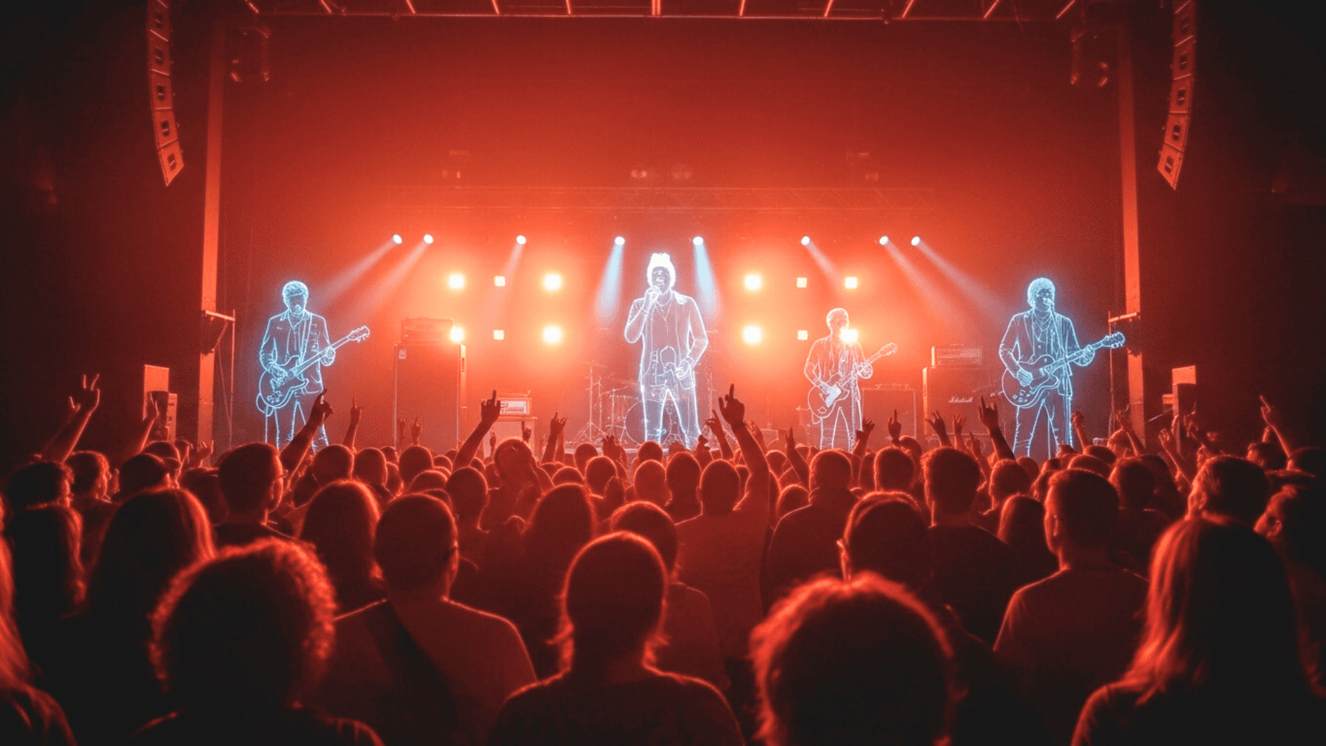 Concert crowd enjoying band with glowing holographic musicians on stage, red lighting, live music atmosphere.