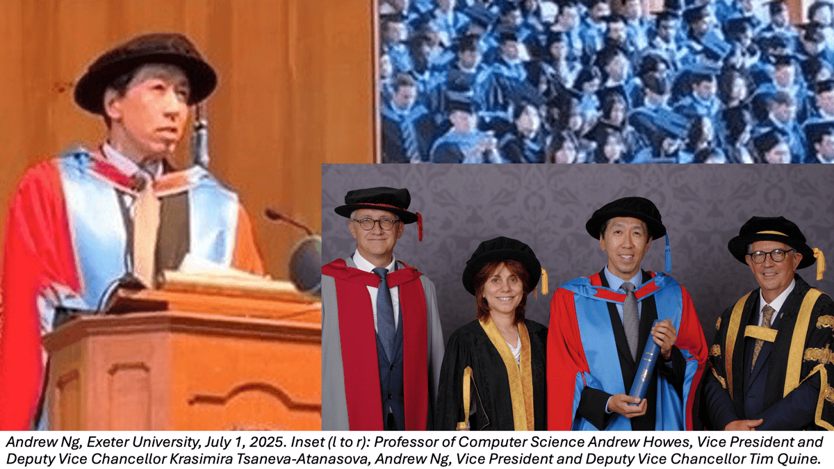 Andrew Ng receives honorary degree at University of Exeter, July 2025, with university officials during graduation ceremony.