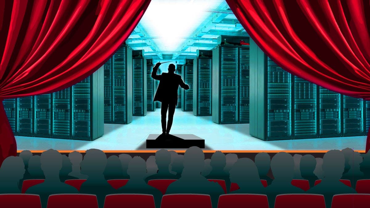 A silhouette of a conductor leads a performance in front of a glowing data center, as an audience watches from a theater. Red curtains frame the scene, symbolizing AI model orchestration.