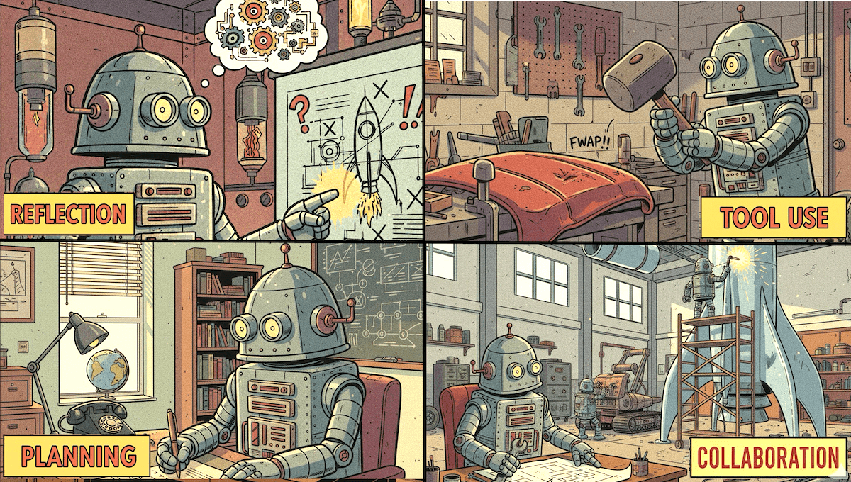 Four scenes show a robot problem-solving, using tools, planning with documents, and collaborating on a rocket.