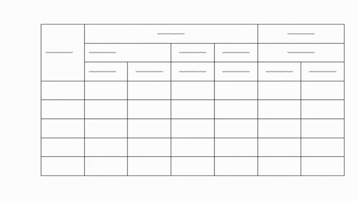 Animation highlighting rows, columns, merged cells, and subproblems in a grid to illustrate document extraction for analysis.