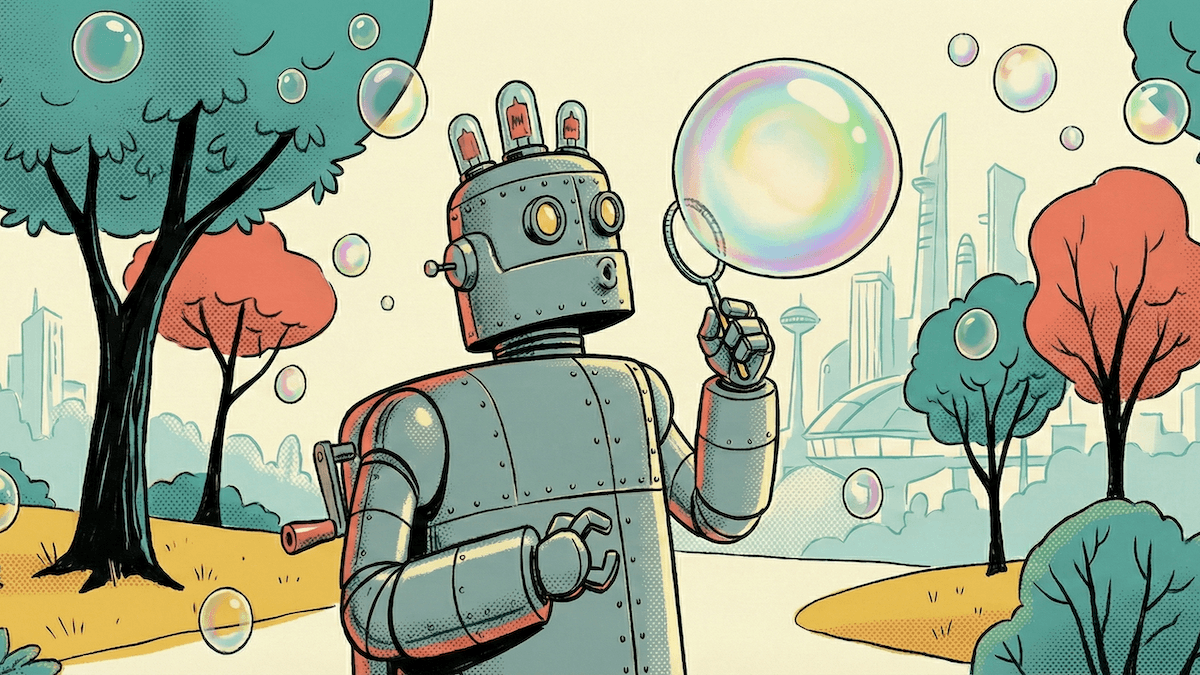 A robot holds a bubble wand, surrounded by bubbles and colorful trees, with a futuristic city skyline.