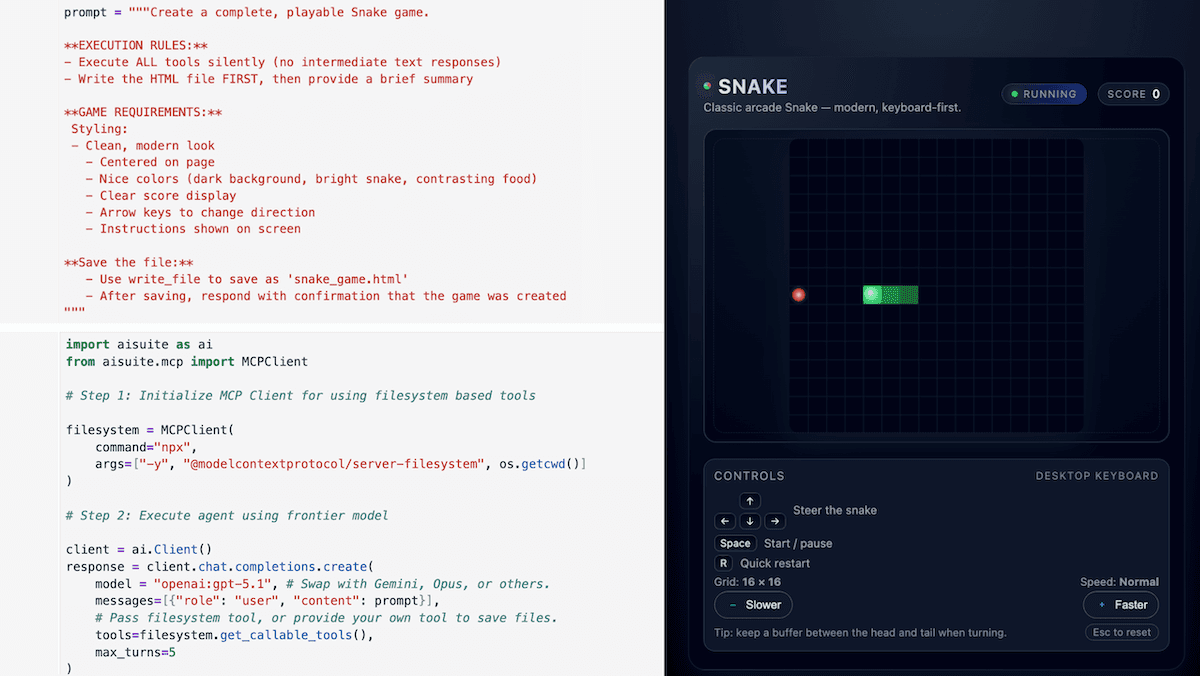 Screenshot showing Python code generating a playable Snake game and the modern Snake game interface running on the right side.
