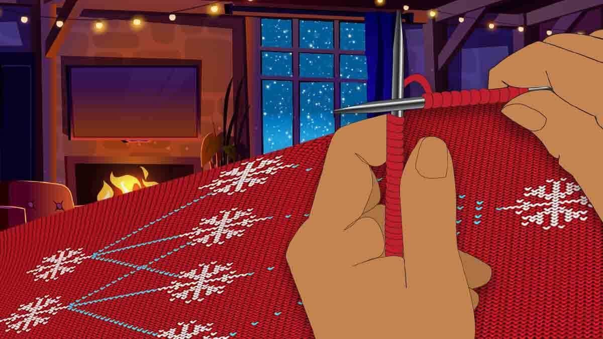 Hands knit a red sweater with white snowflakes, sitting in a warm room with a crackling fire and snowy view.