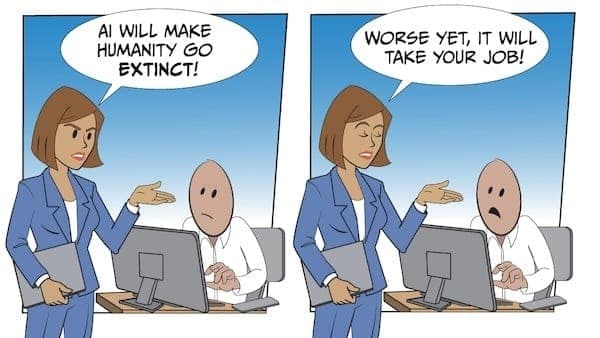 A woman warns a man at a computer about AI causing human extinction and job loss in a cartoon style.