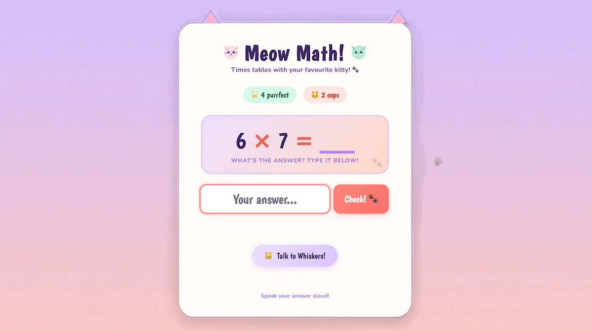 Meow Math app shows a multiplication problem. Features include answer input, check button, and voice interaction.