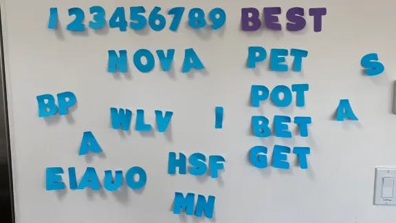 Letter and number-shaped stickers on the wall