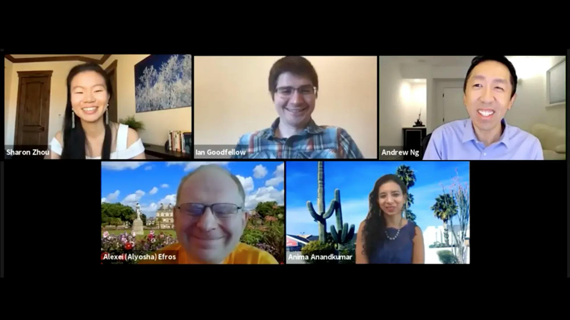 Online panel discussion on “GANs for Good” with Andrew Ng, Anima Anandkumar, Alexei Efros, Ian Goodfellow, and Sharon Zhou