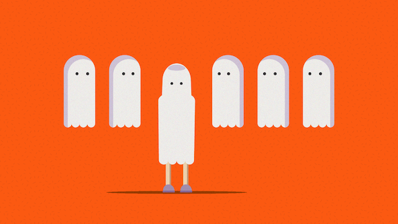Illustration of 4 ghosts floating and 1 person dressed as a ghost
