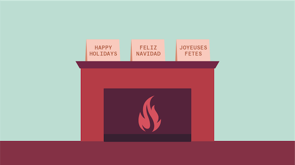 Illustration of a fireplace with "Happy holidays" cards in English, Spanish and French