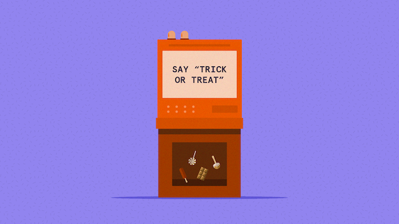 Illustration of vending machine with candy and the text "Say "trick or treat""