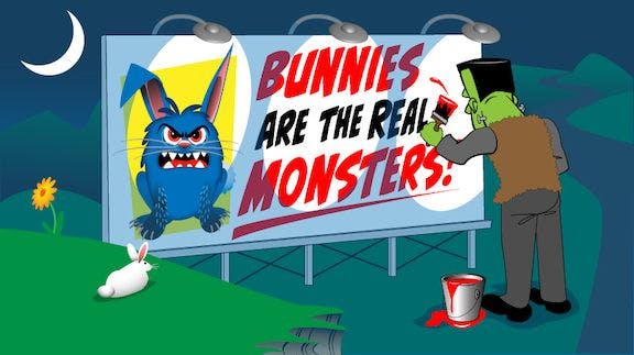 Illustration of Frankenstein painting a billboard with the text "Bunnies are the real monsters"