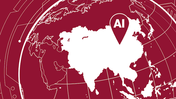 Map of Asia with AI letters inside a location icon