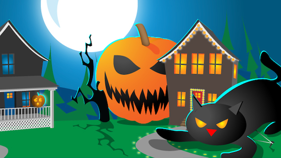 Illustration of a neighborhood haunted by an evil pumpkin and a black cat