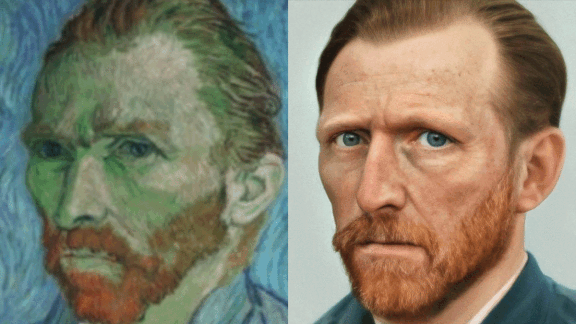 Realistic portraits of historical figures Vincent van Gogh, Napoleon Bonaparte and Queen Elizabeth