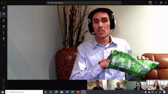 Conference on Microsoft Teams with a person eating a chip bag