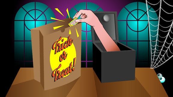 Illustration of a hand putting candy on a trick or treat bag