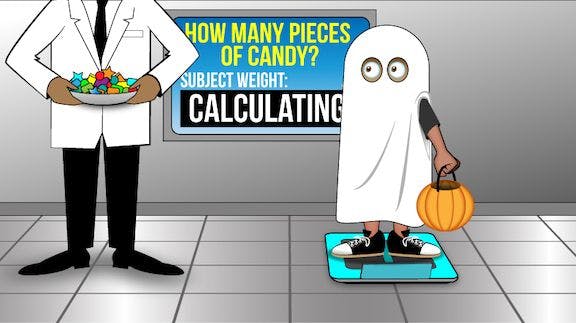 Doctor holding candy and kid dressed as a ghost on a wheighing scale 