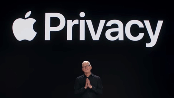 Apple's CEO Tim Cook discussing privacy with a Privacy sign above him