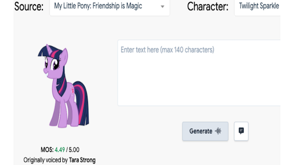 15.ai screen capture with a character from My Little Pony