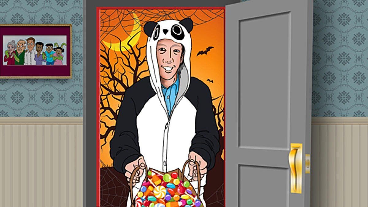 Illustration of Andrew Ng dressed as a panda holding a bag full of candy