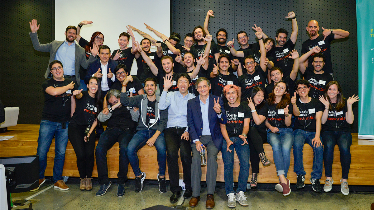 Andrew Ng with a group of engineers in Medellin, Colombia