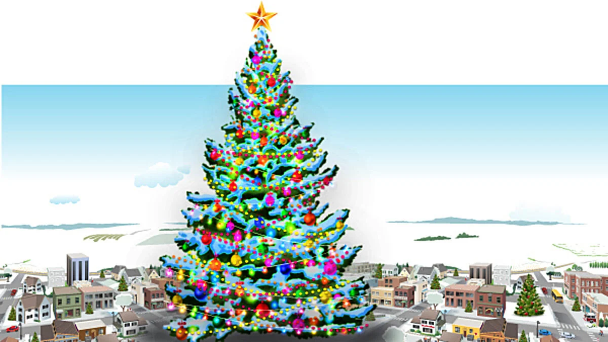 Illustration of giant Christmas tree in a town plaza 