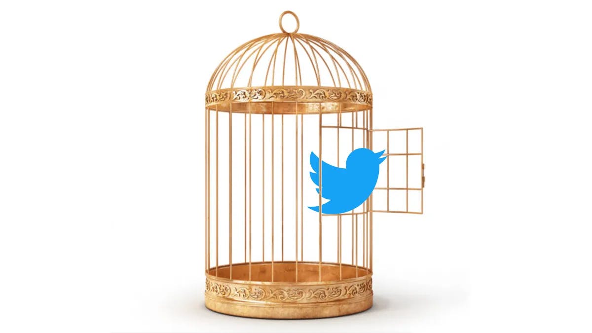 Twitter logo escaping from a cage