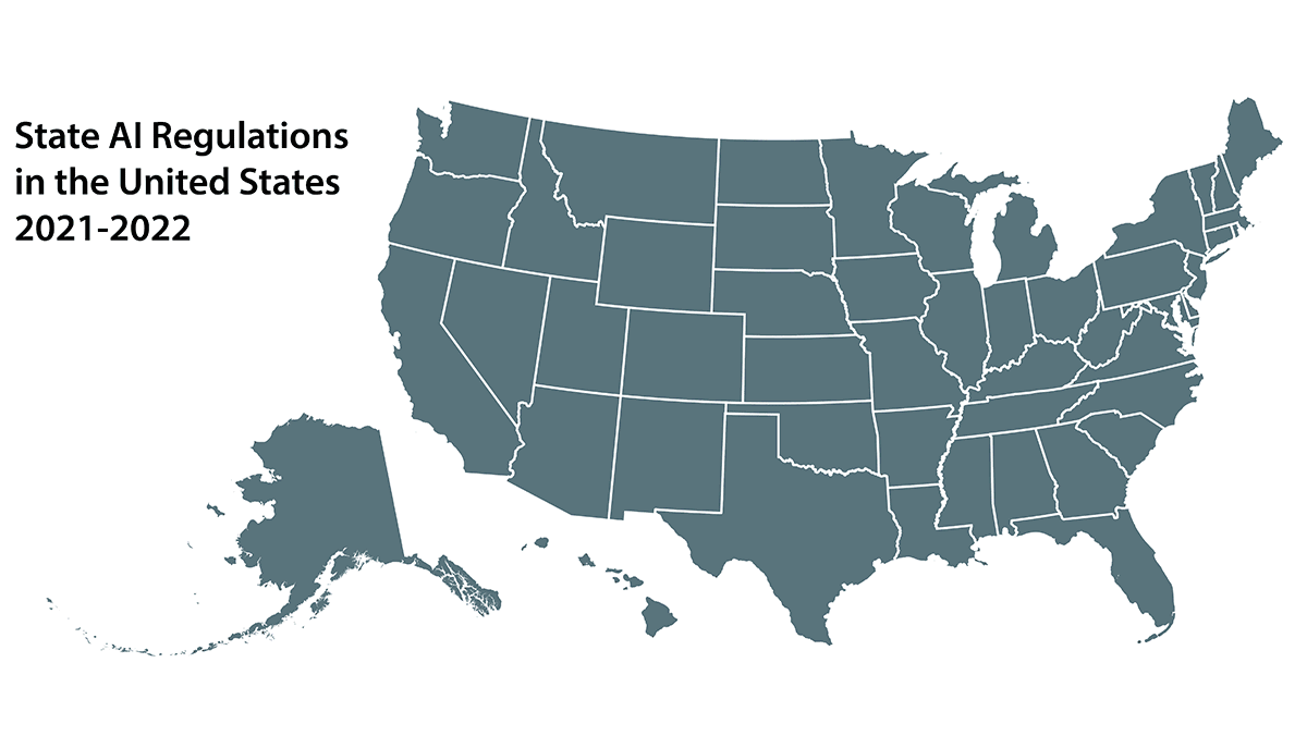 Animated map shows U.S. states that enacted AI laws in 2021 and 2022. 