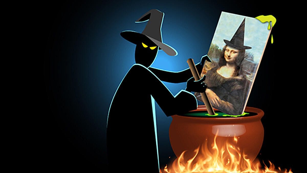 Illustration showing a witch cooking a copy of the Mona Lisa wearing a witch hat) 