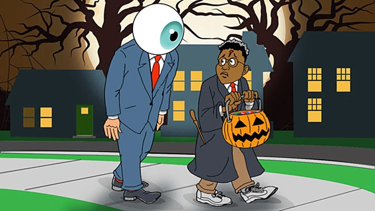 Illustration showing a kid being followed during Trick-or-treating