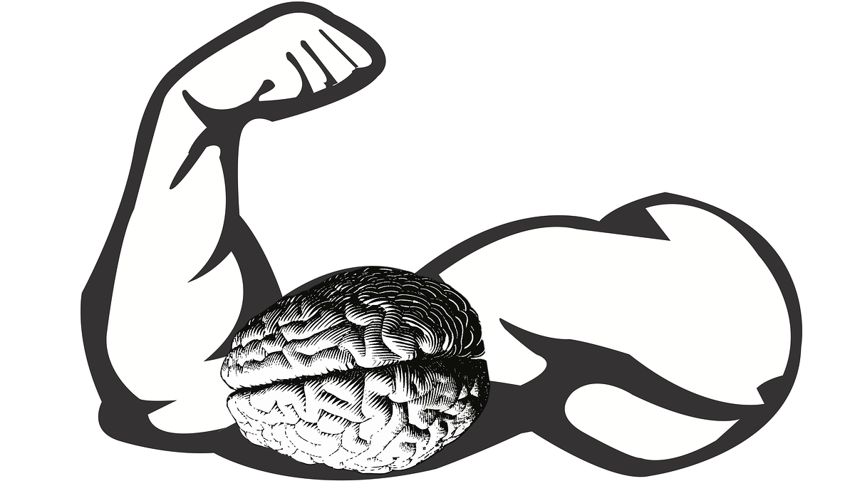 Illustration of a brain over a muscular arm