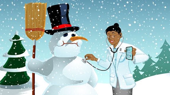 Doctor examining a snowman holding a broom 