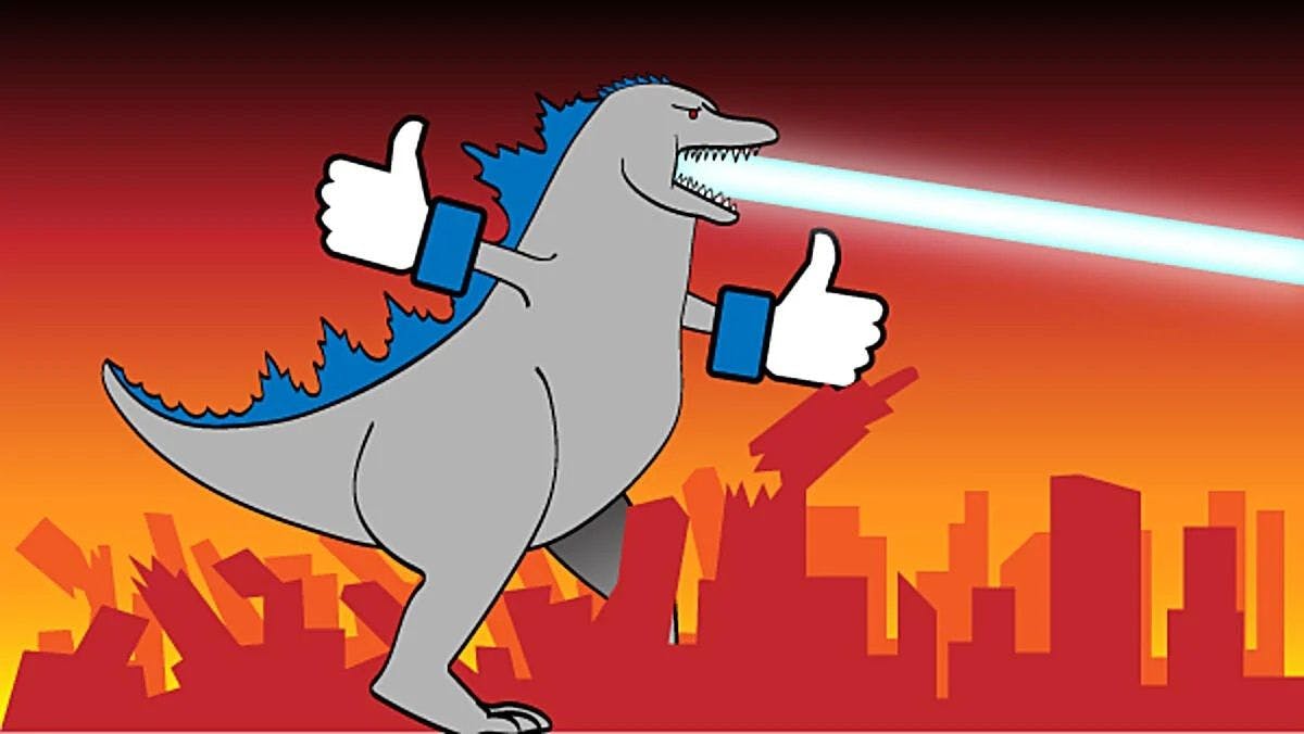 Illustration of Thumbzilla destroying a city and shooting lightning from its mouth (T-Rex with Facebook thumbs up)