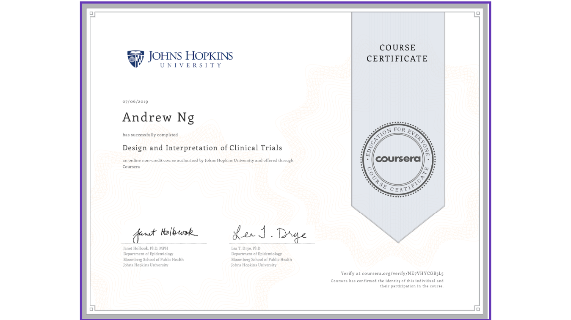 Andrew Ng's course certificate from Coursera