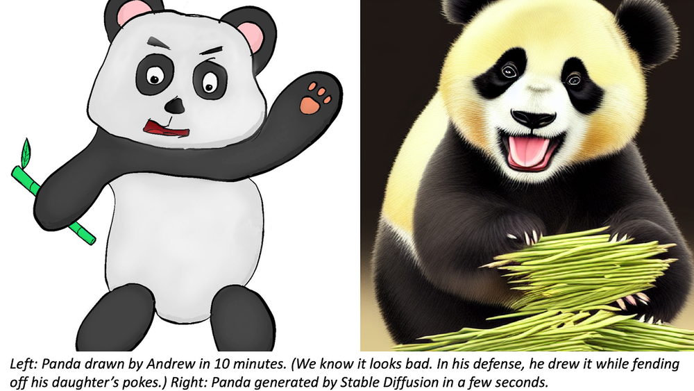 Left: Panda drawn by Andrew Ng in 10 minutes | Right: Panda generated by Stable Diffusion in seconds