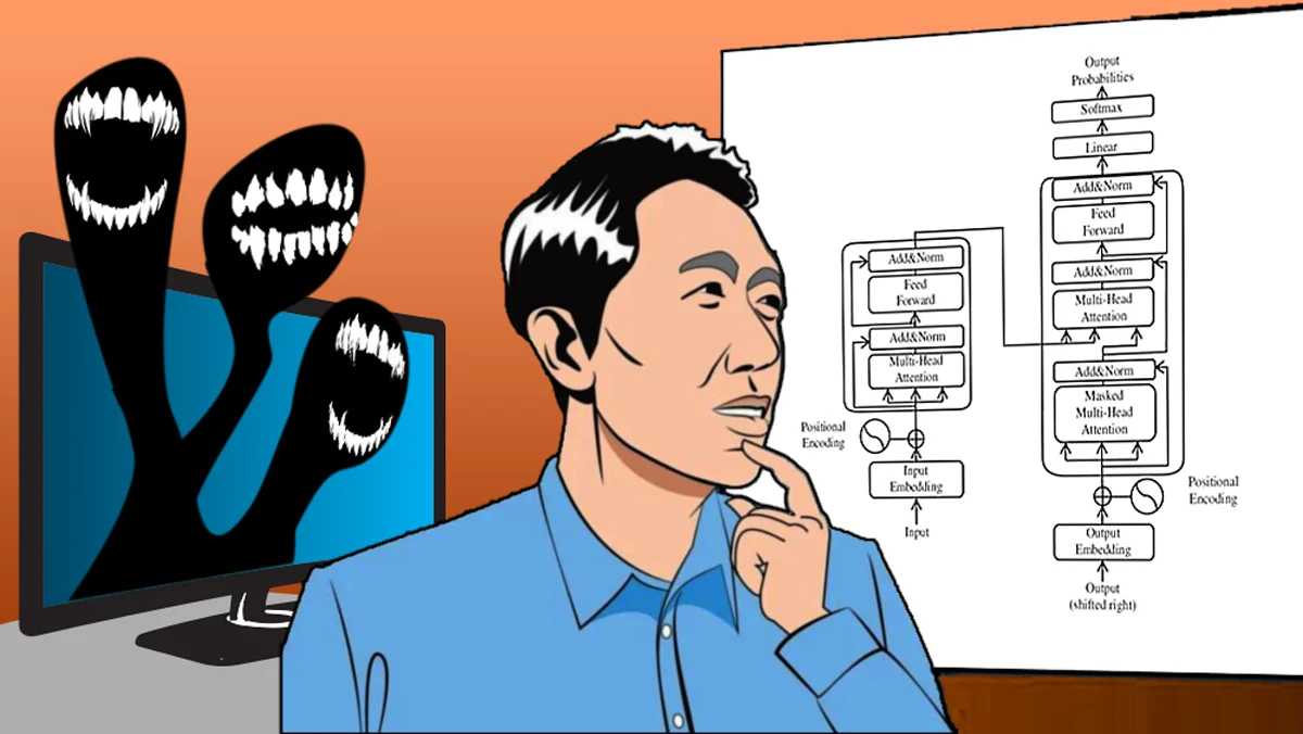 Illustration of Andrew Ng, a scary monster coming out of a computer monitor 