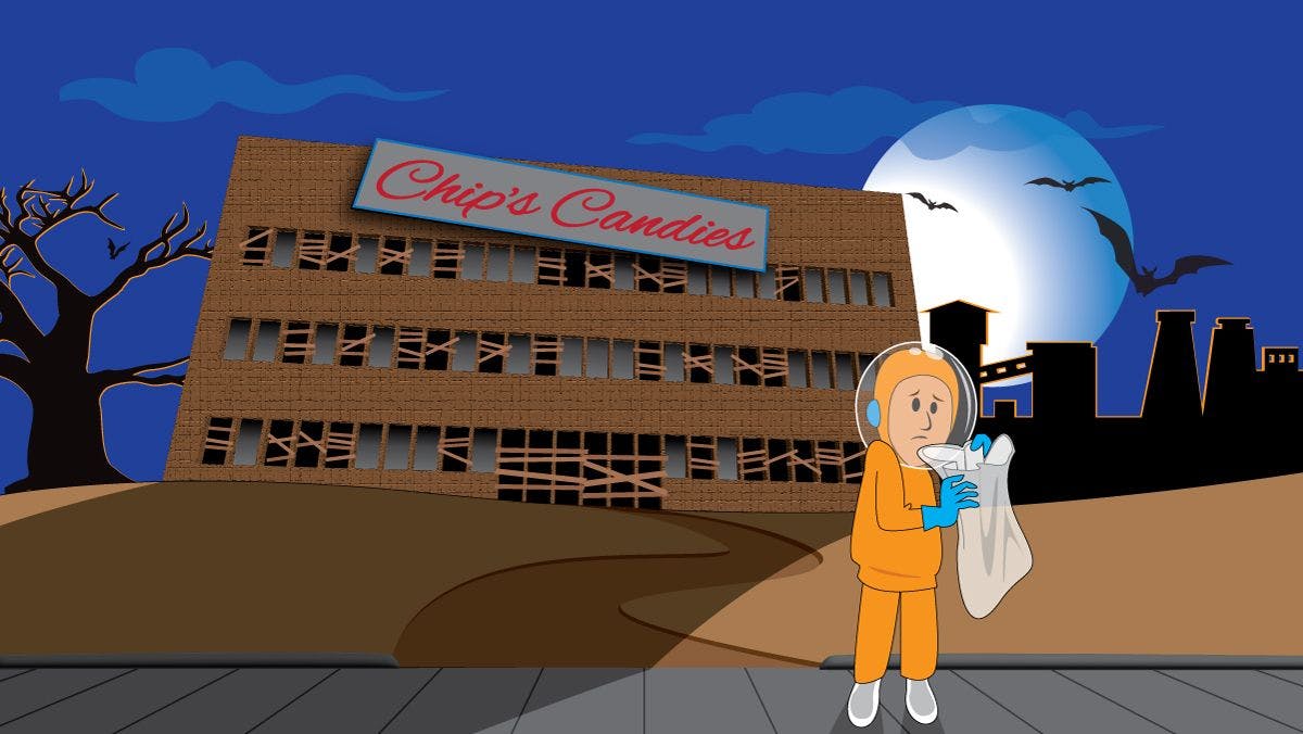 Person with a sad face in front of an abandoned Chip's Candies factory
