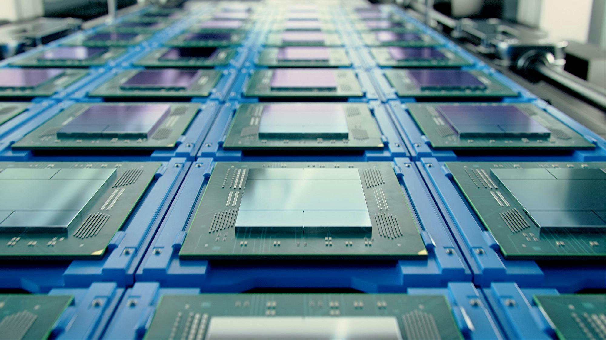 Shot of Computer Processor Production Line at Advanced Semiconductor Foundry in Bright Environment