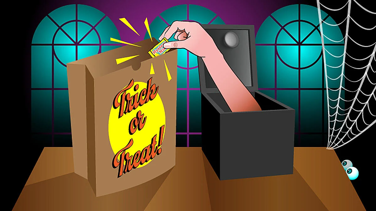 Illustration of a hand coming out of a box to take a candy from a Trick or Treat paper bag