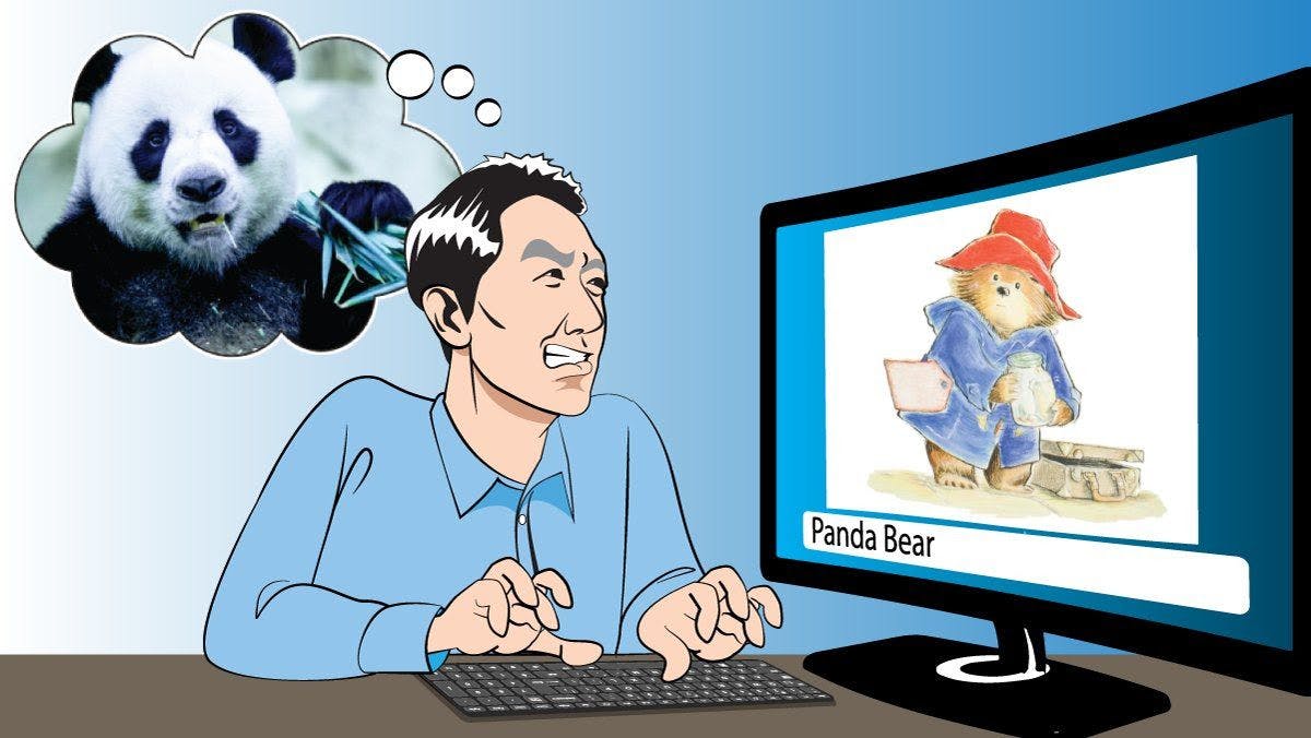 Illustration of Andrew Ng on a computer searching for "Panda bear" and getting a Paddington instead