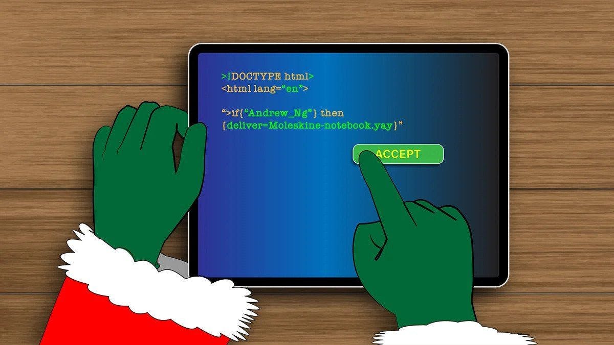 Illustration of The Grinch's hands coding on a tablet