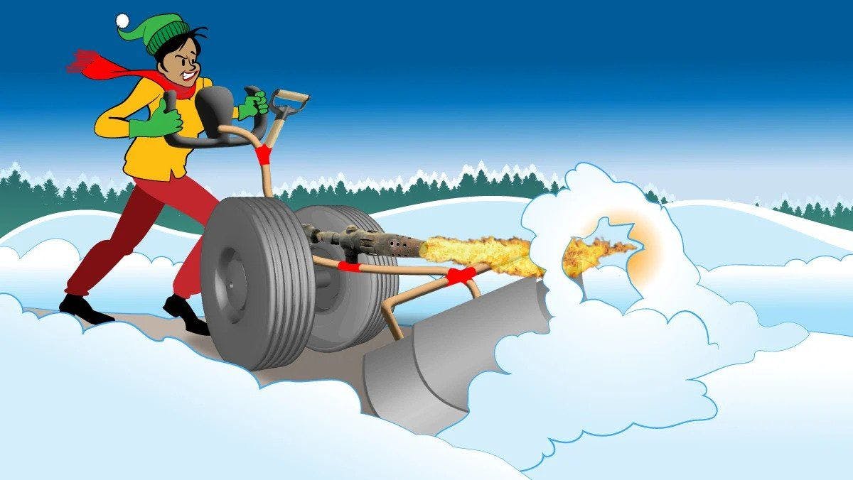 Illustration of a person shoveling snow with the help of a flamethrower